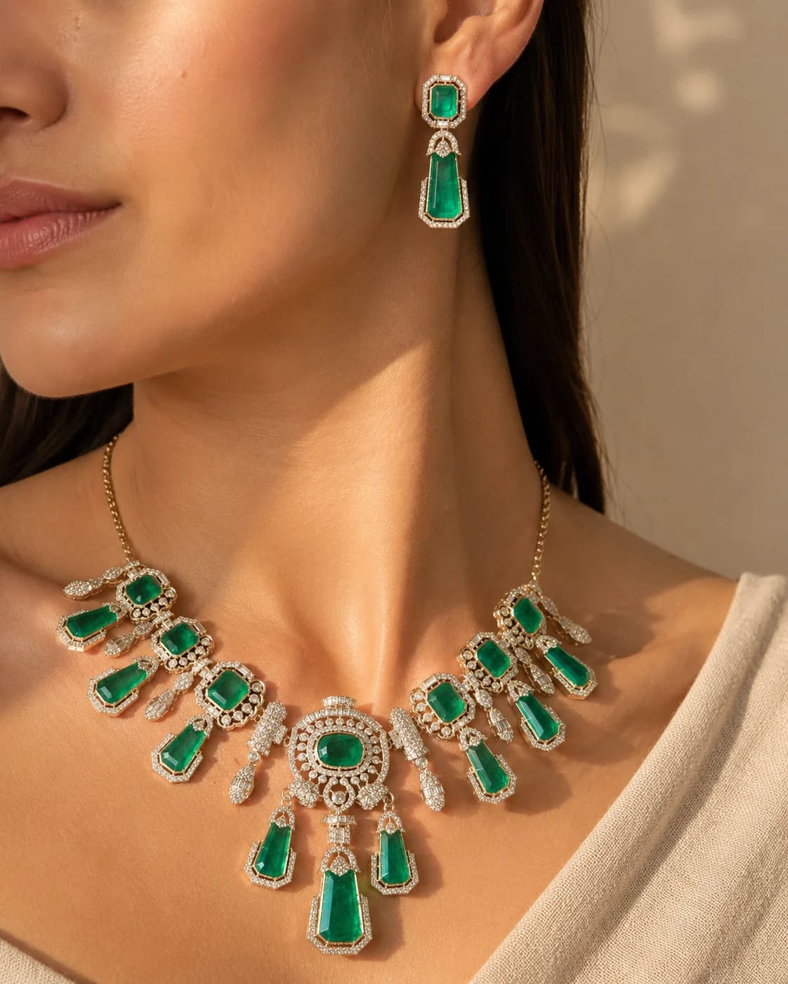 Heirloom Emerald Set model wearing