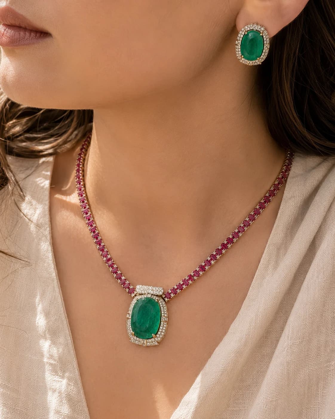 Scarlet Emerald Necklace Set model wearing