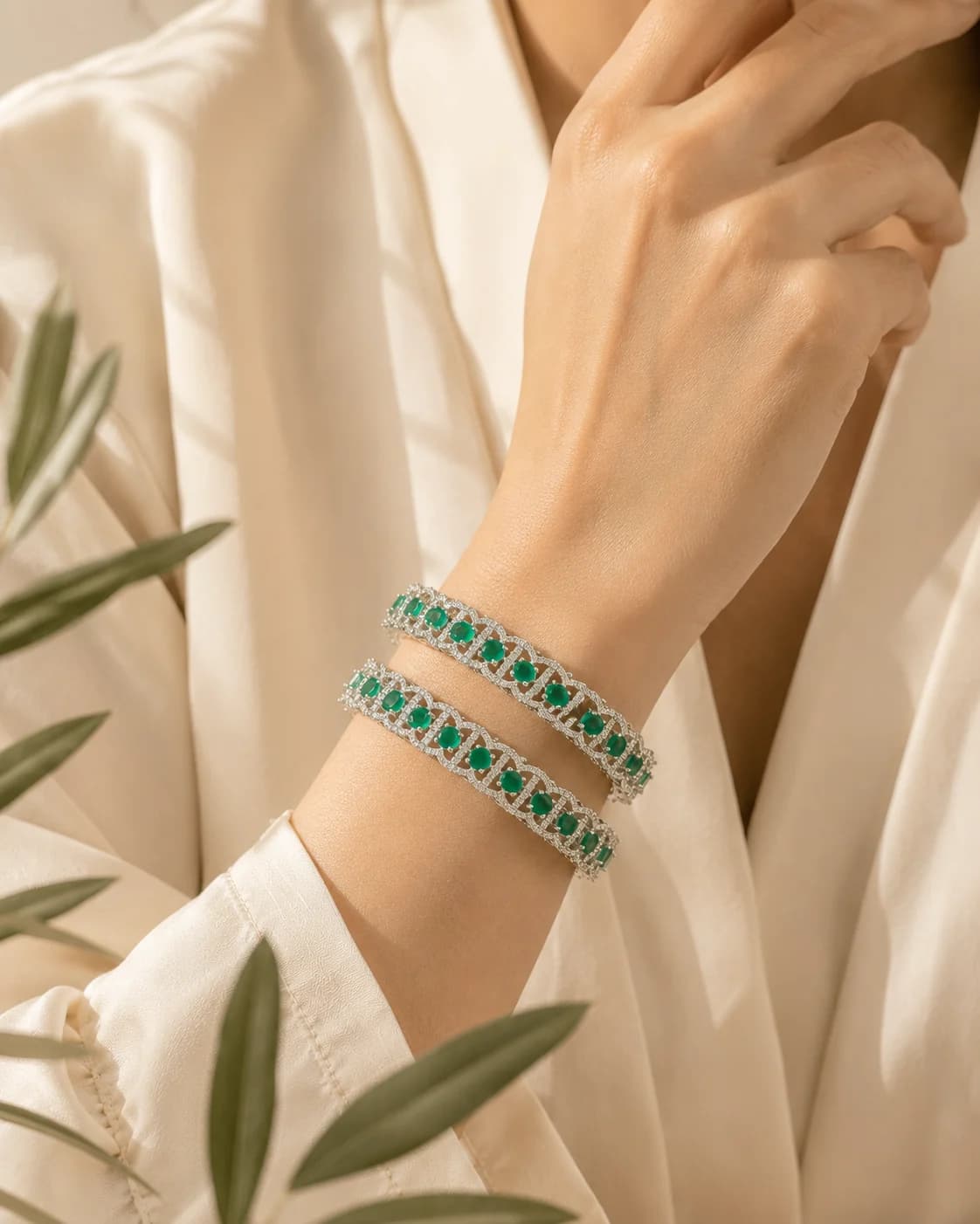 Emerald Symphony Bangles model wearing