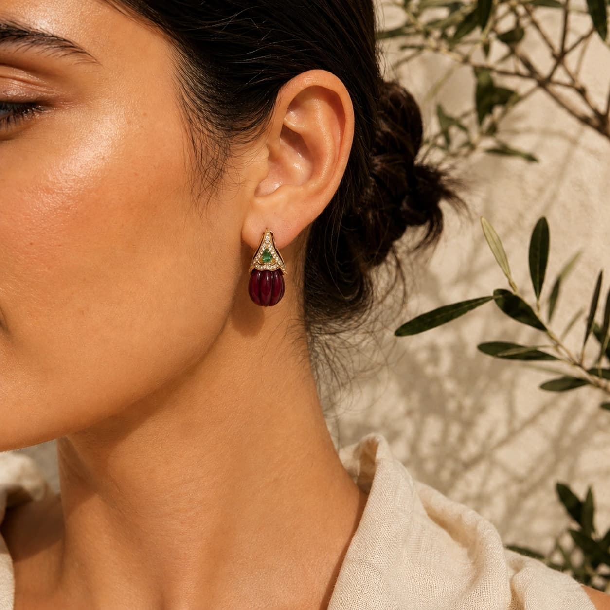 Coral Athena Red Earrings model wearing