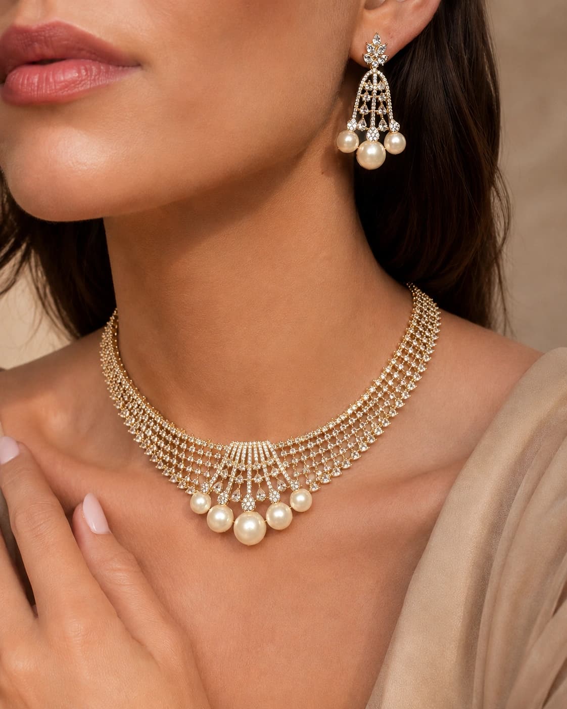 Selene Gold Pearl Set model wearing