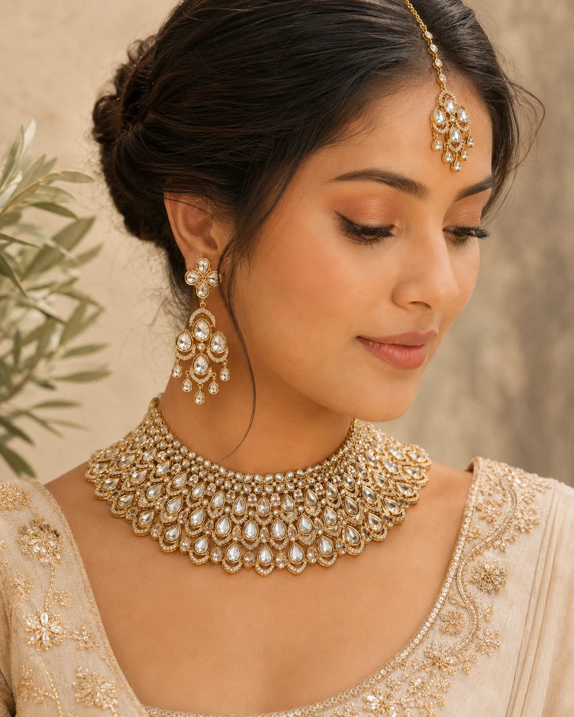 Raj Tilak Kundan Choker Set model wearing